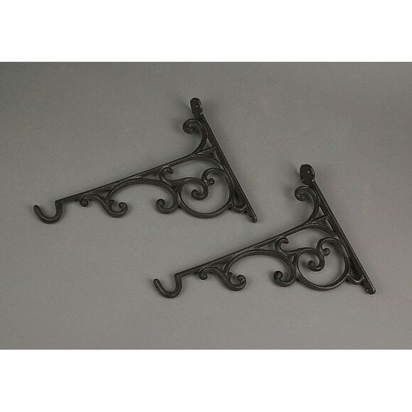 Set of 2 Rustic Brown Cast Iron Scroll Wall Shelf Brackets / Plant Hangers - Picture 2 of 5